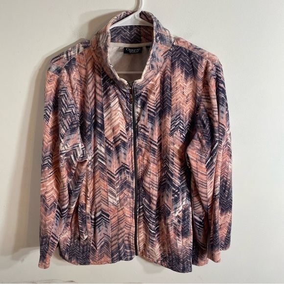 Onque Casual Fleece Jacket 1X Full Zip Pink Blue Chevron Houndstooth Sweatshirt - Picture 2 of 4